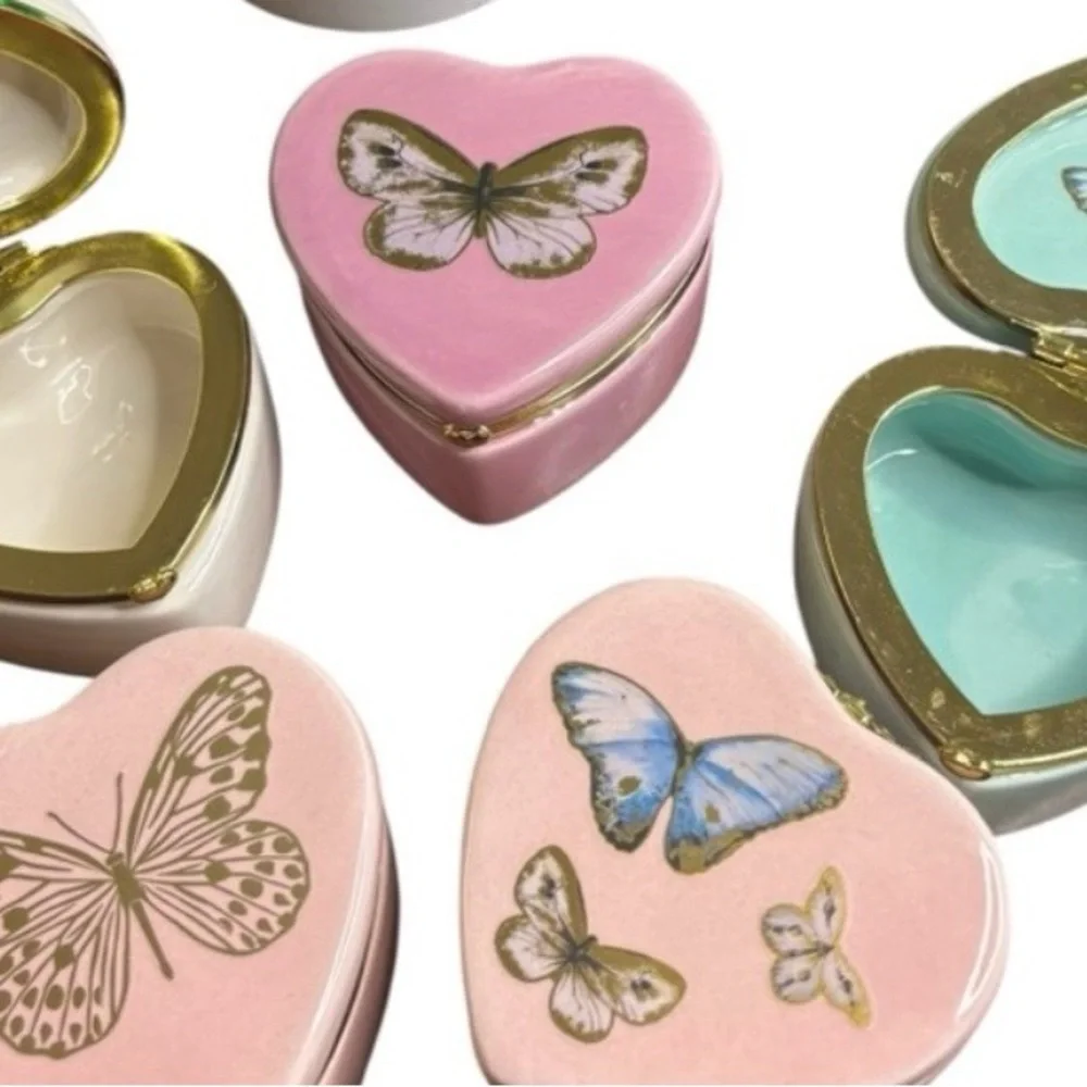 Heart Butterfly Trinket Boxes Set of 5 Pink Mint Gold Decor